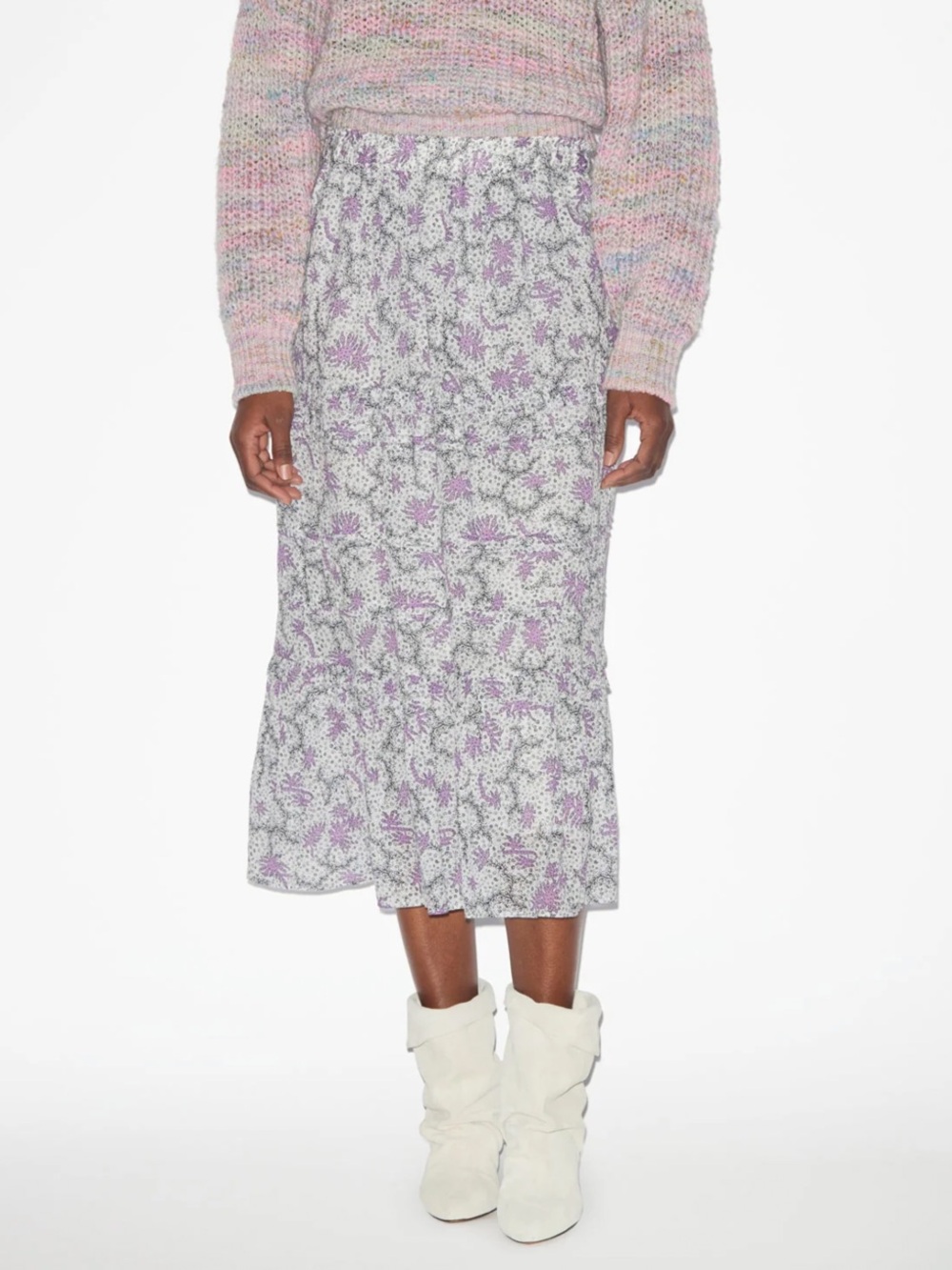NWT Isabel Marant Floral Diya Midi Skirt in Ecru/Lilac, Size 42/US10